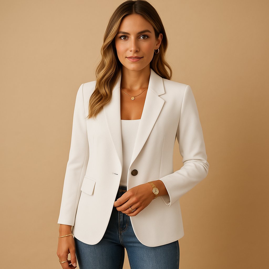Women's Classic Single-Button Fitted Blazer with Flap Pockets - White