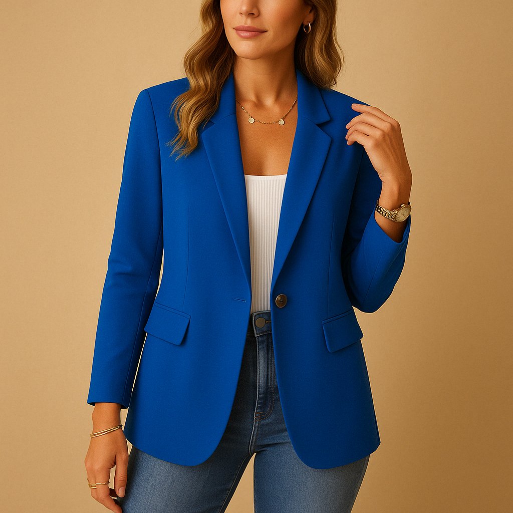 Women's Classic Single-Button Fitted Blazer with Flap Pockets - Blue