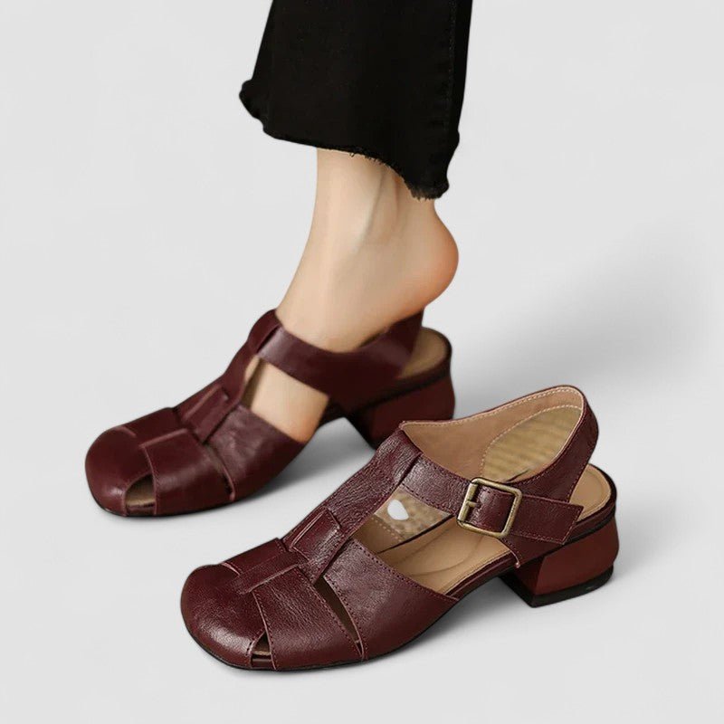 Women's Closed Toe Heeled Sandals with Buckle Straps - Brown