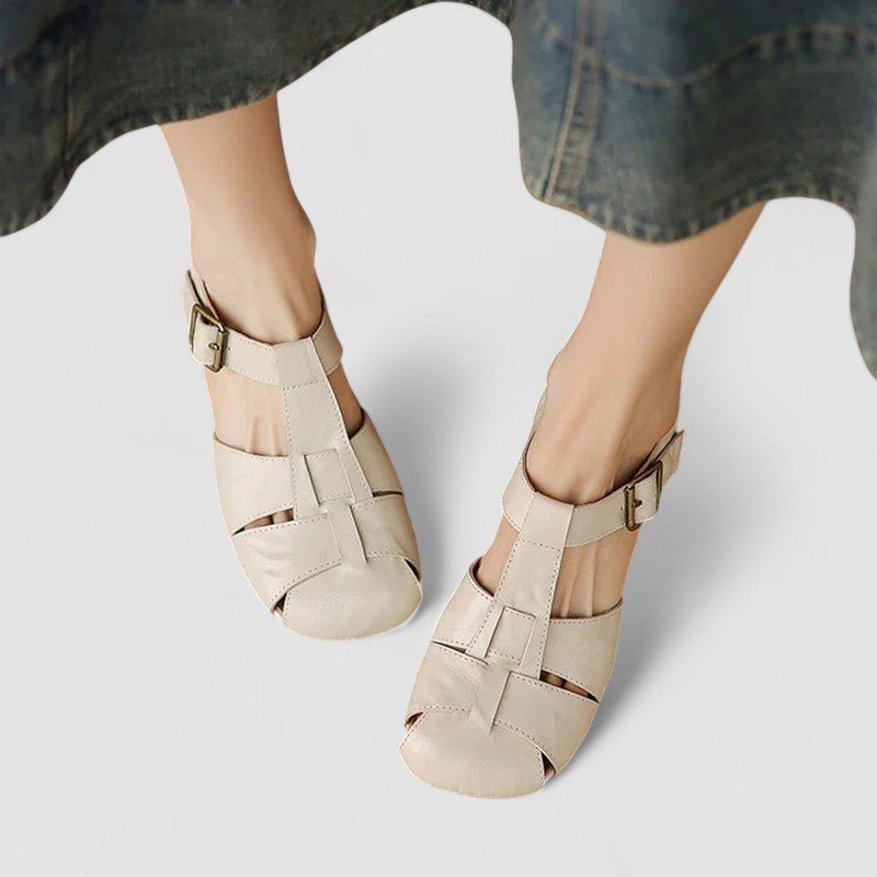 Women's Closed Toe Heeled Sandals with Buckle Straps - Beige