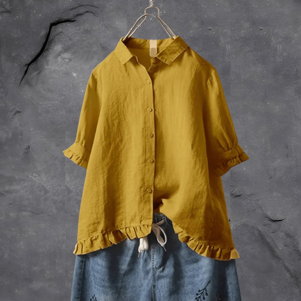 Women's Collared Button Blouse Ruffled Hem - Yellow