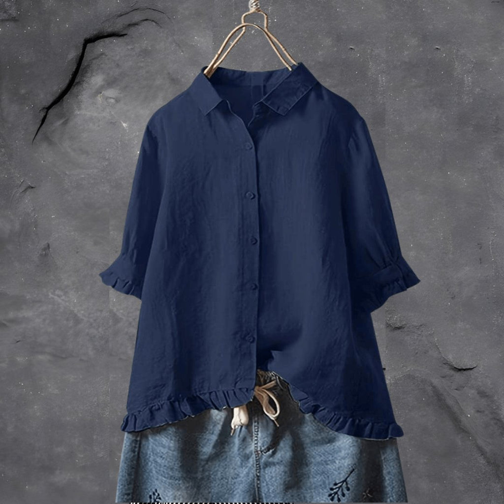 Women's Collared Button Blouse Ruffled Hem - Dark Blue