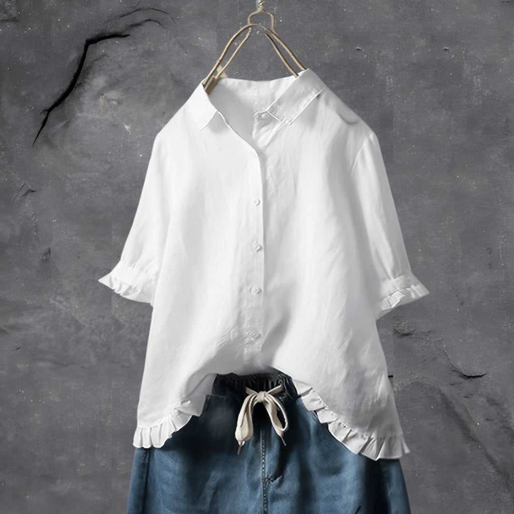 Women's Collared Button Blouse Ruffled Hem - White