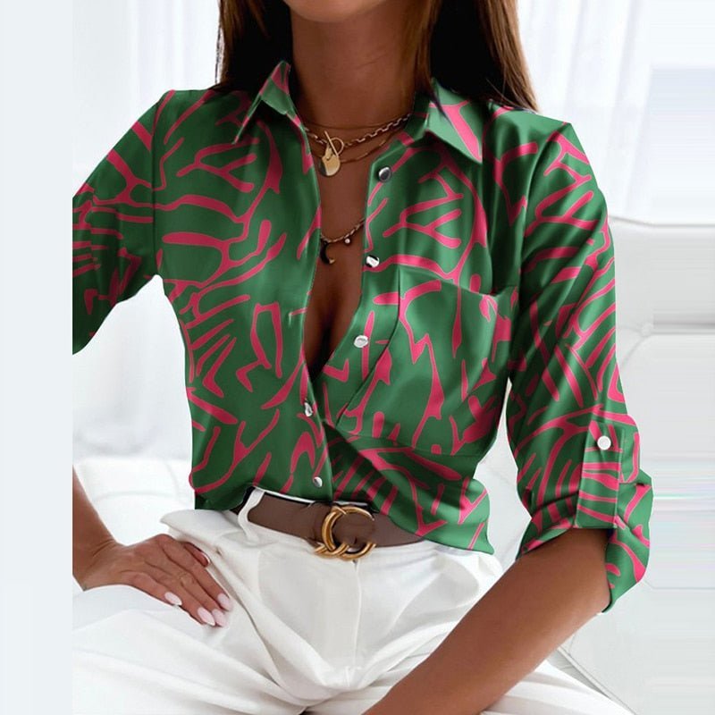 Women's Collared Button-Up Blouse Long Sleeve Polyester - Green