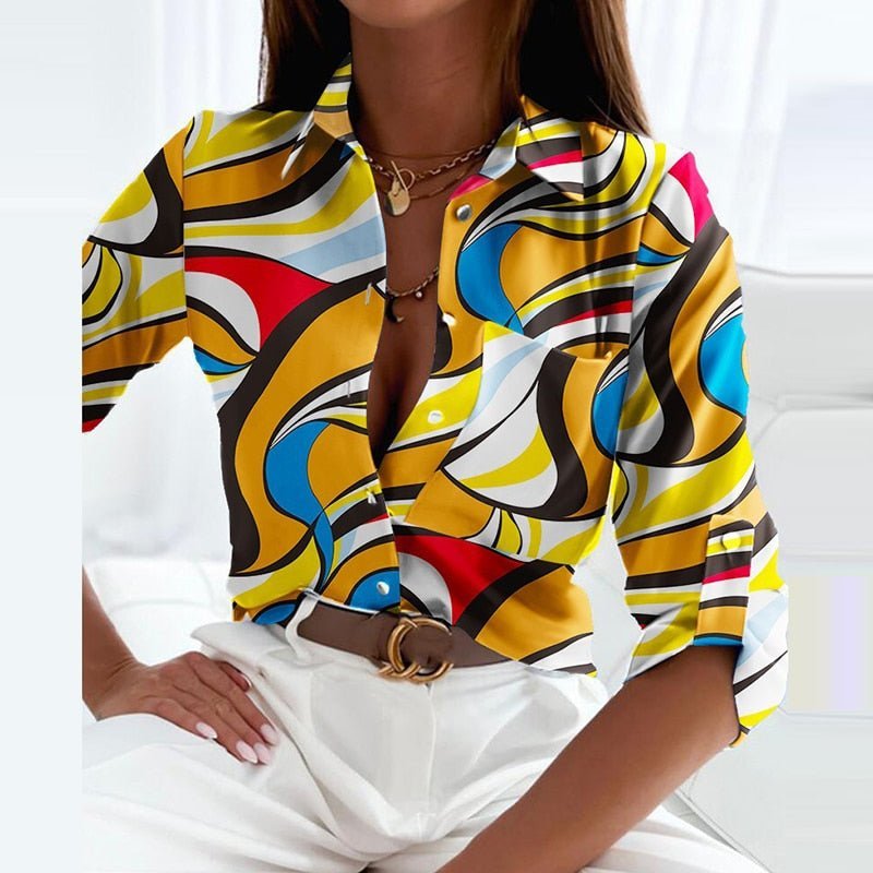 Women's Collared Button-Up Blouse Long Sleeve Polyester - Yellow Labyrinth