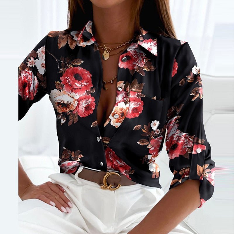 Women's Collared Button-Up Blouse Long Sleeve Polyester - Black Pink Flowers