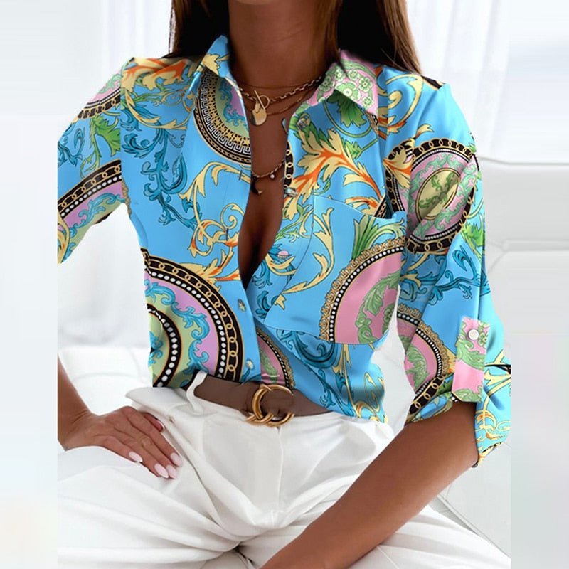 Women's Collared Button-Up Blouse Long Sleeve Polyester - Light Blue