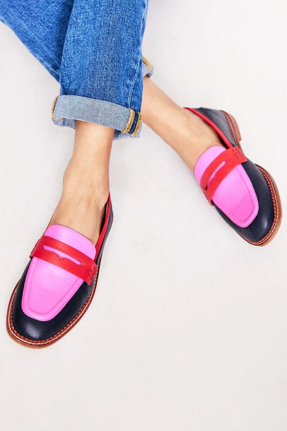Women's Color Block Penny Loafers Slip-On Flats - Red/Pink