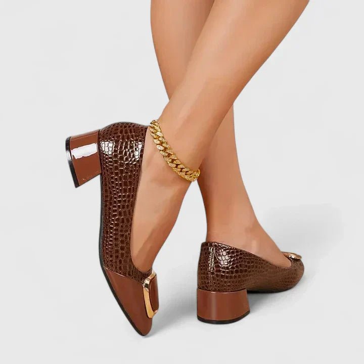 Women's Comfortable Block Heel Loafers with Chain Detail - Brown