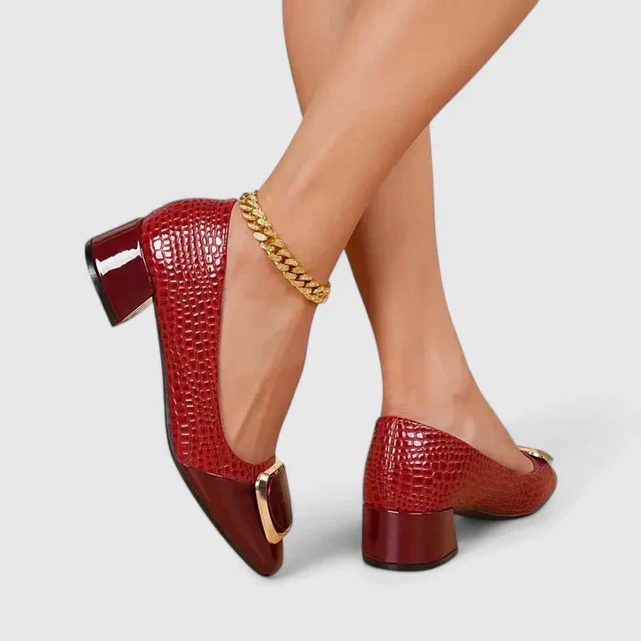Women's Comfortable Block Heel Loafers with Chain Detail - Bordeaux