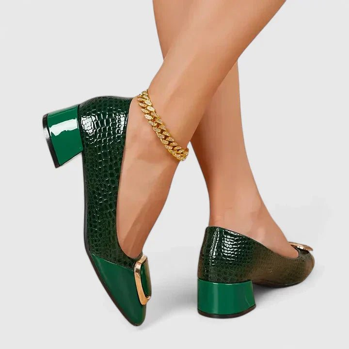 Women's Comfortable Block Heel Loafers with Chain Detail - Green