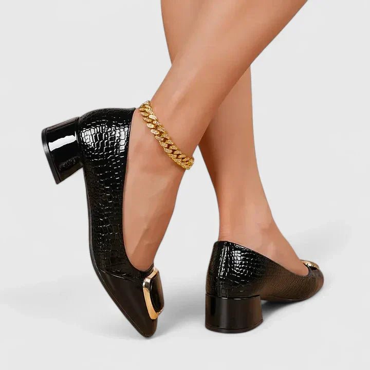 Women's Comfortable Block Heel Loafers with Chain Detail - Black