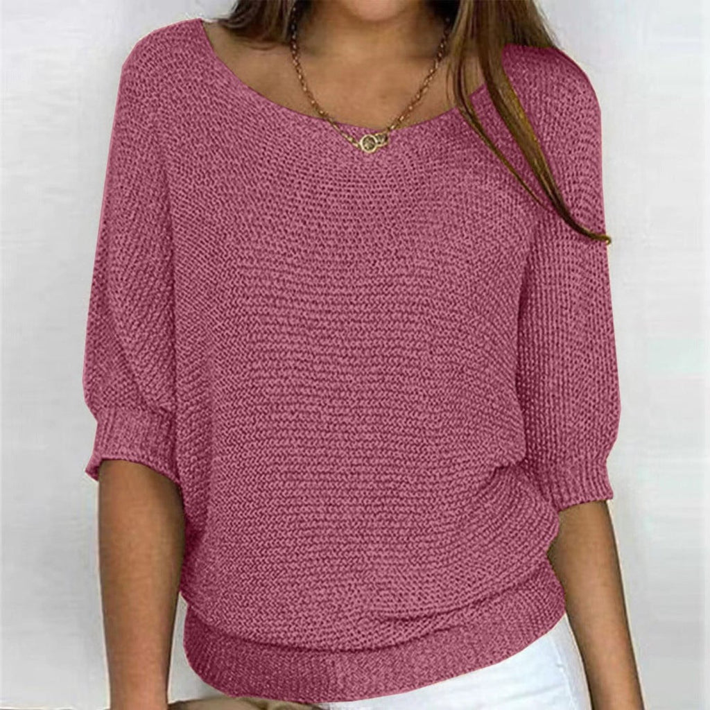 Women's Cotton-Blend Oversized 3/4 Sleeve Sweater - Mauve Pink