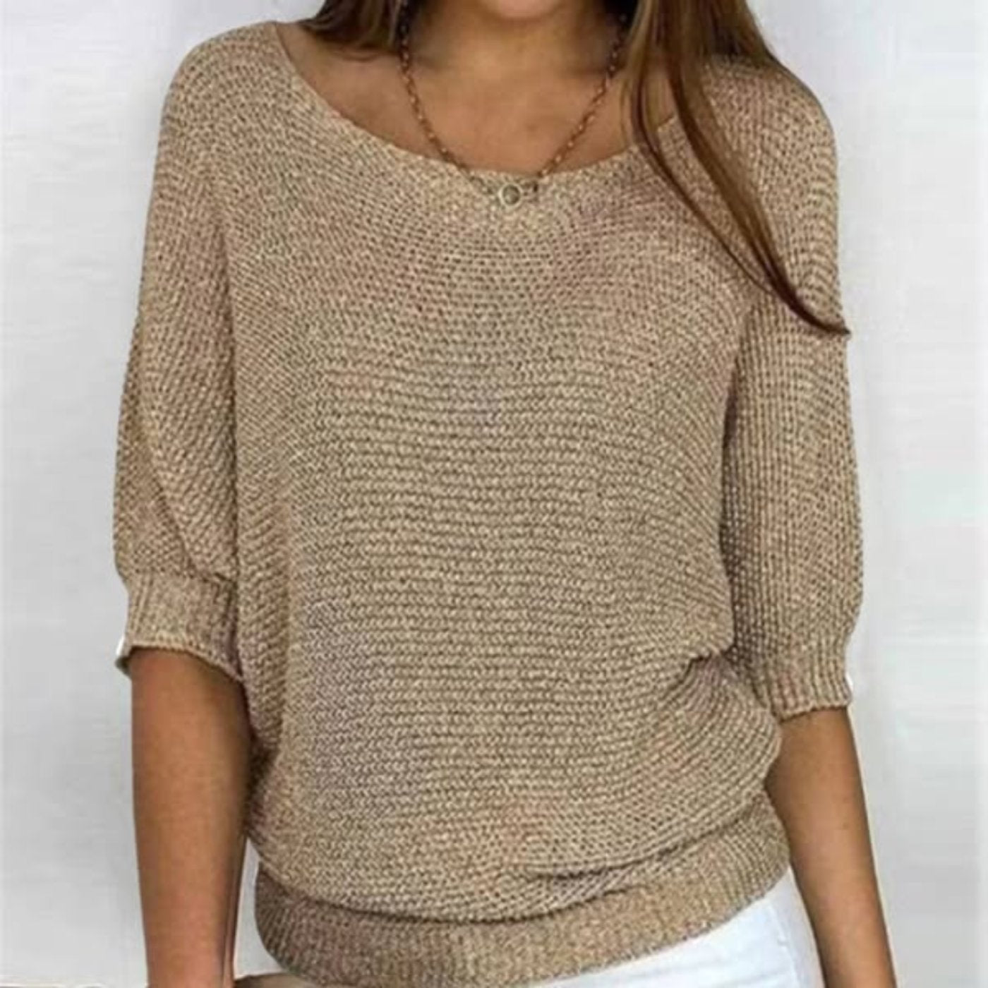 Women's Cotton-Blend Oversized 3/4 Sleeve Sweater - Beige