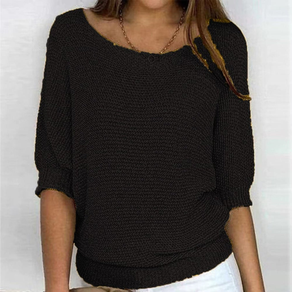 Women's Cotton-Blend Oversized 3/4 Sleeve Sweater - Black