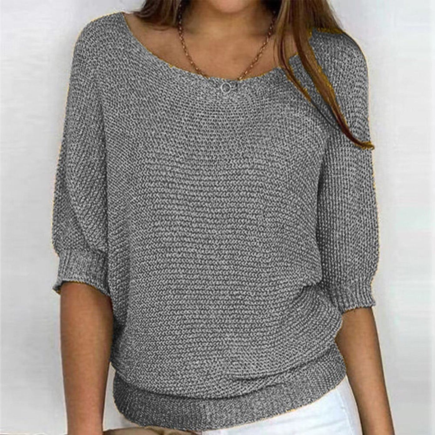 Women's Cotton Blend Sweater 3/4 Sleeve Oversized Knit Top - Gray