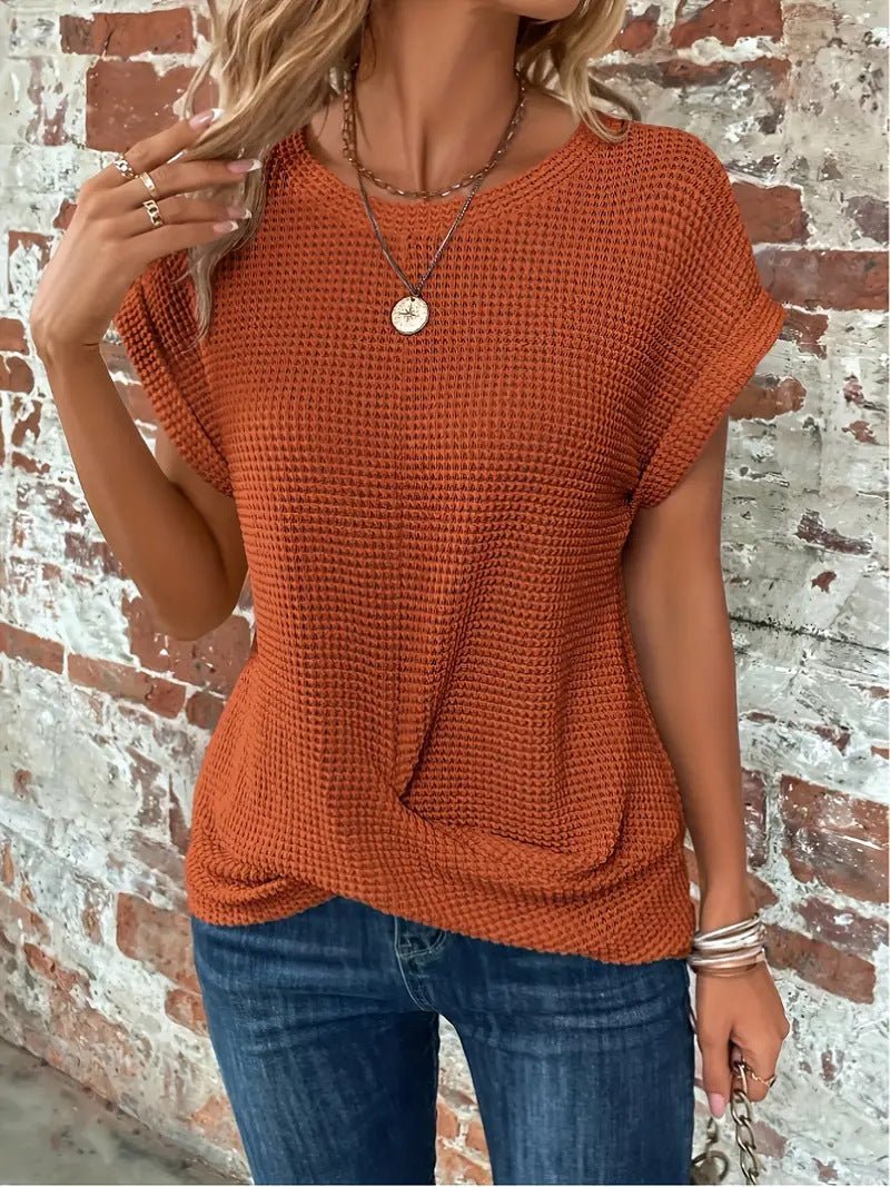 Women's Cotton-Blend Waffle Knit Short Sleeve Top - Rust
