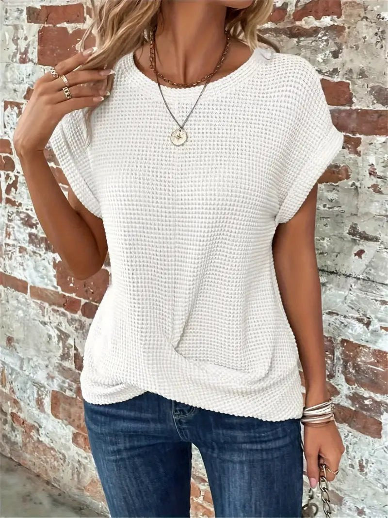 Women's Cotton-Blend Waffle Knit Short Sleeve Top - White