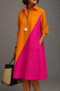 Women's Cotton Diagonal Colorblock Collared Midi Dress
