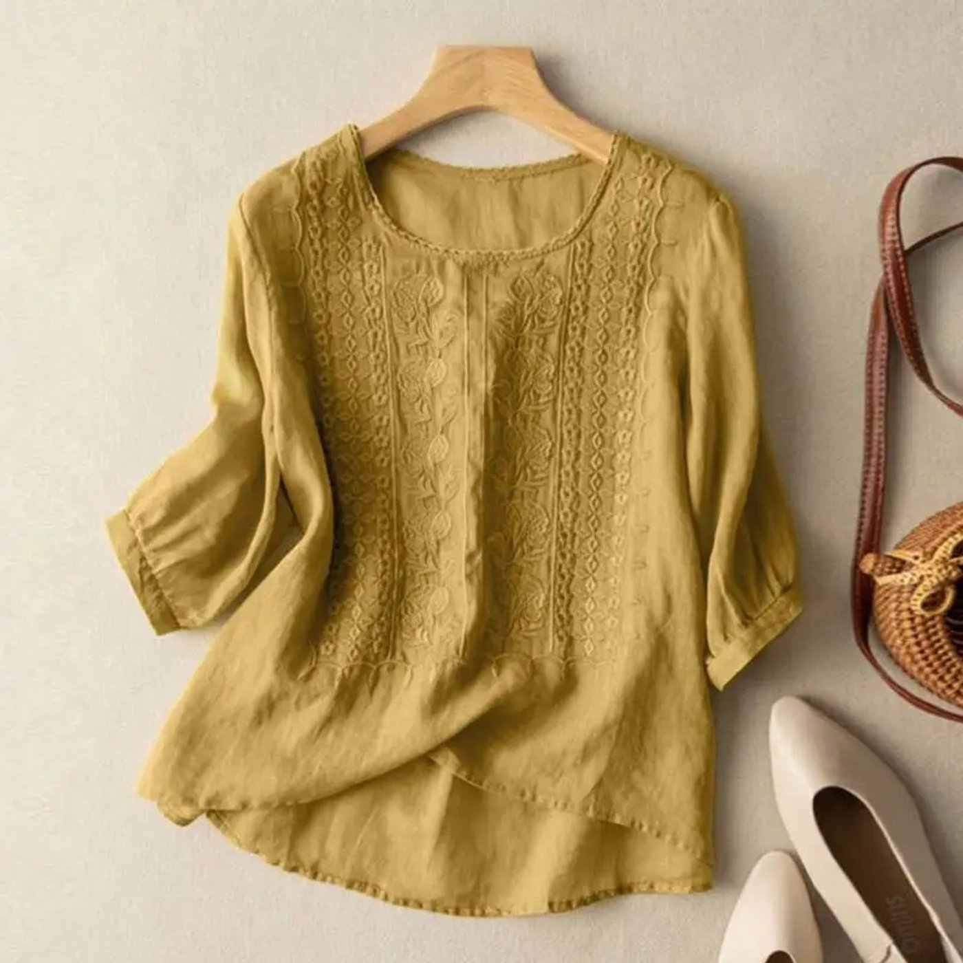 Women's Cotton Embroidered 3/4 Sleeve Blouse Relaxed Fit - Yellow