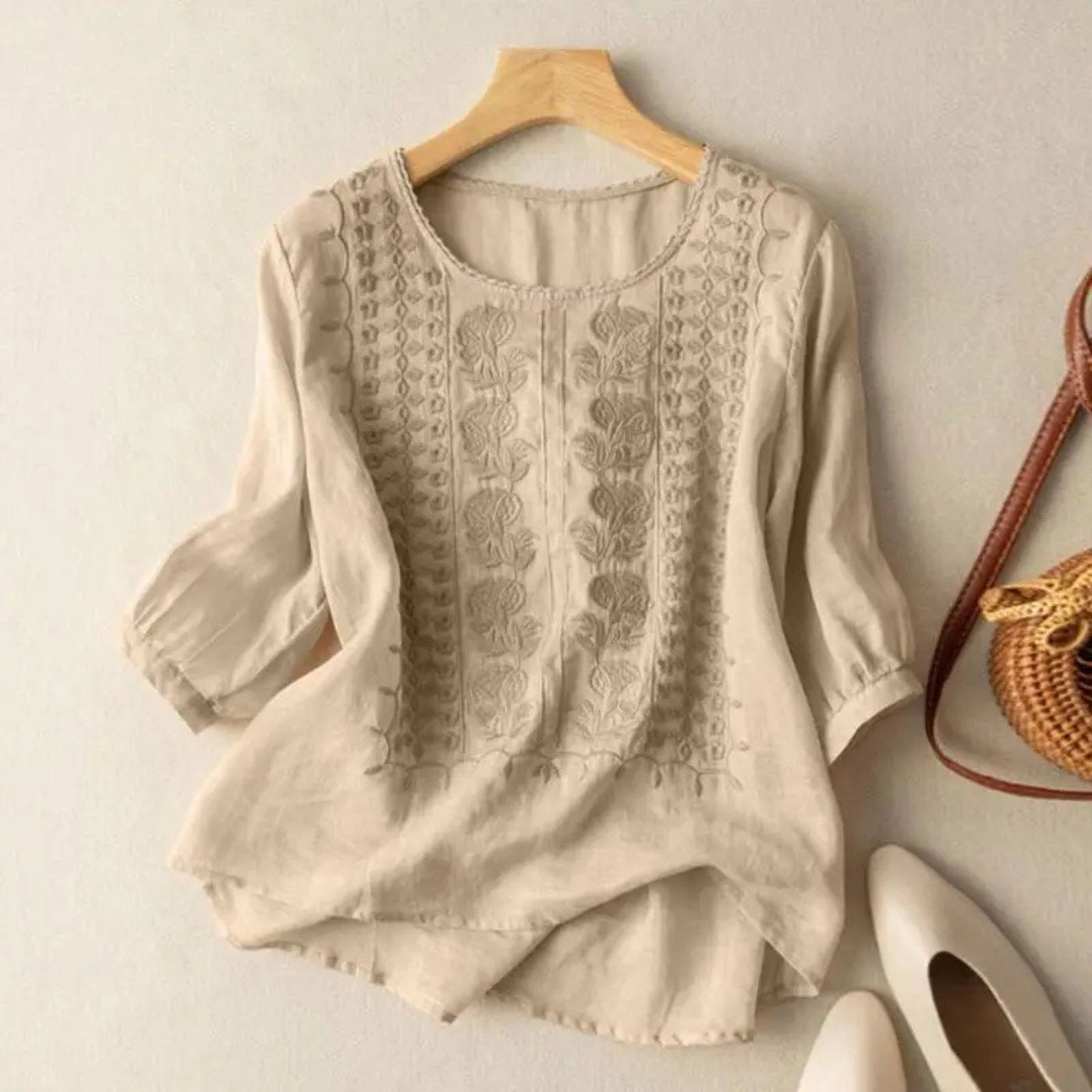 Women's Cotton Embroidered 3/4 Sleeve Blouse Relaxed Fit - Beige