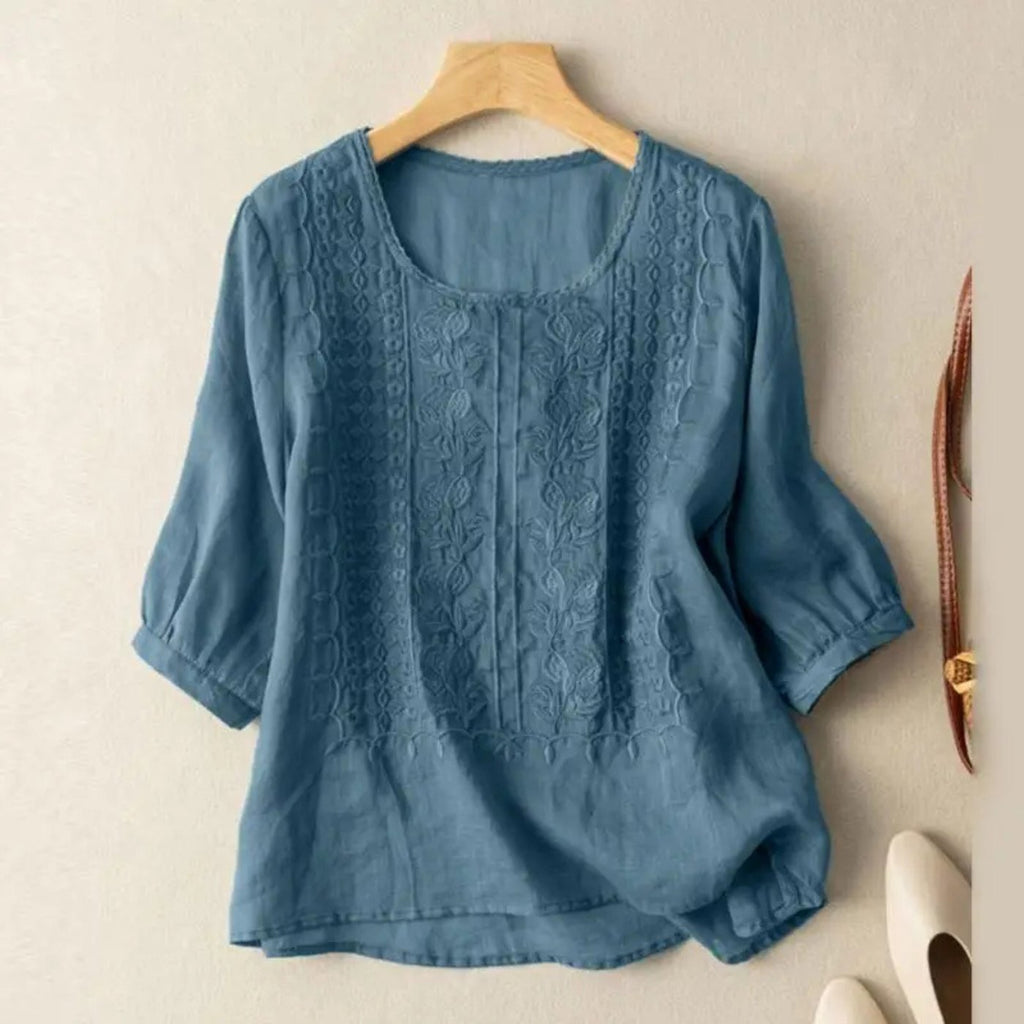 Women's Cotton Embroidered 3/4 Sleeve Blouse Relaxed Fit - Dusty Blue