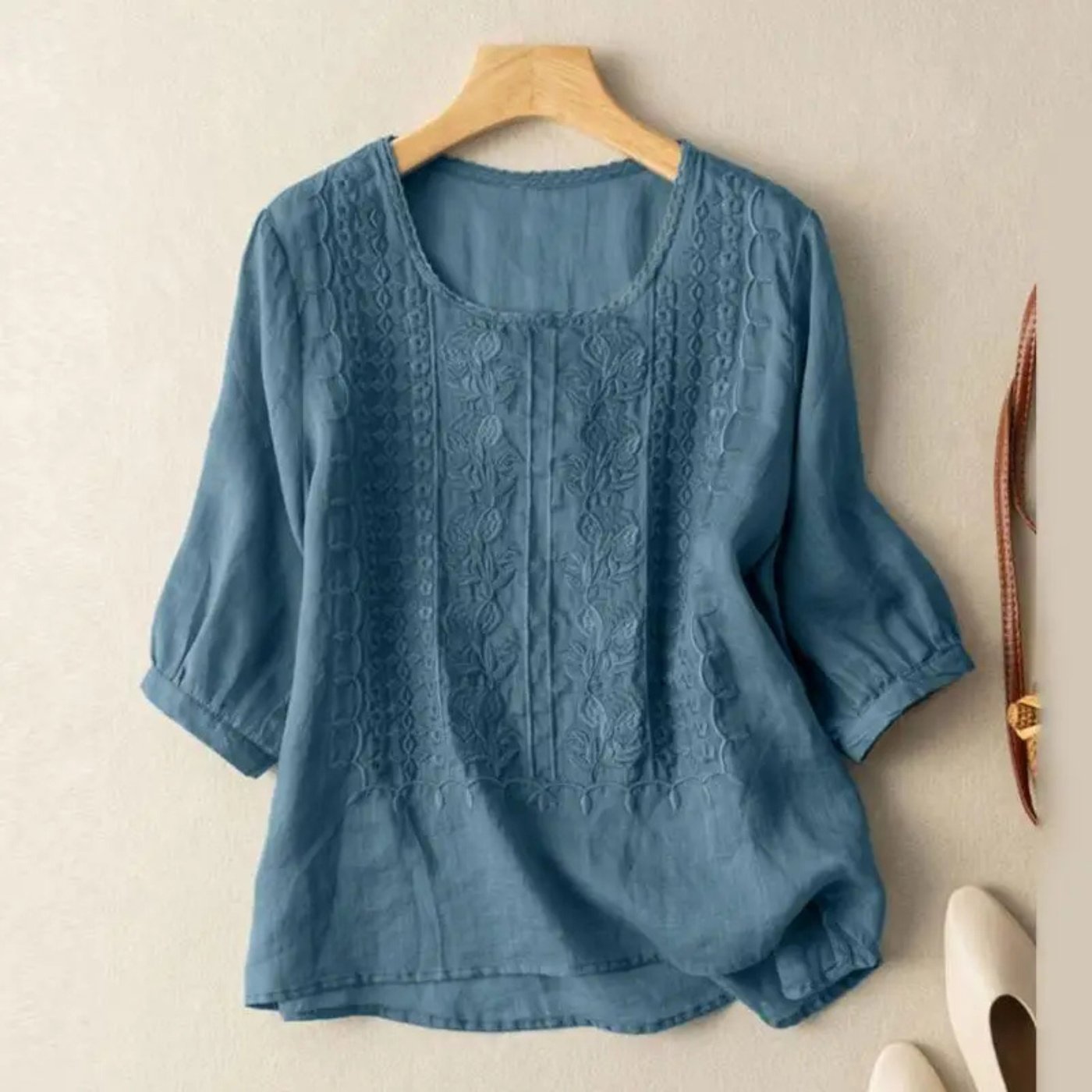 Women's Cotton Embroidered 3/4 Sleeve Blouse Relaxed Fit - Dusty Blue