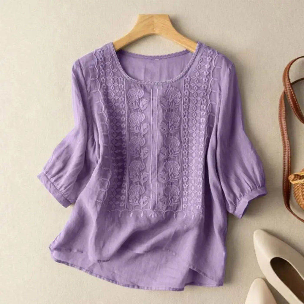 Women's Cotton Embroidered 3/4 Sleeve Blouse Relaxed Fit - Purple