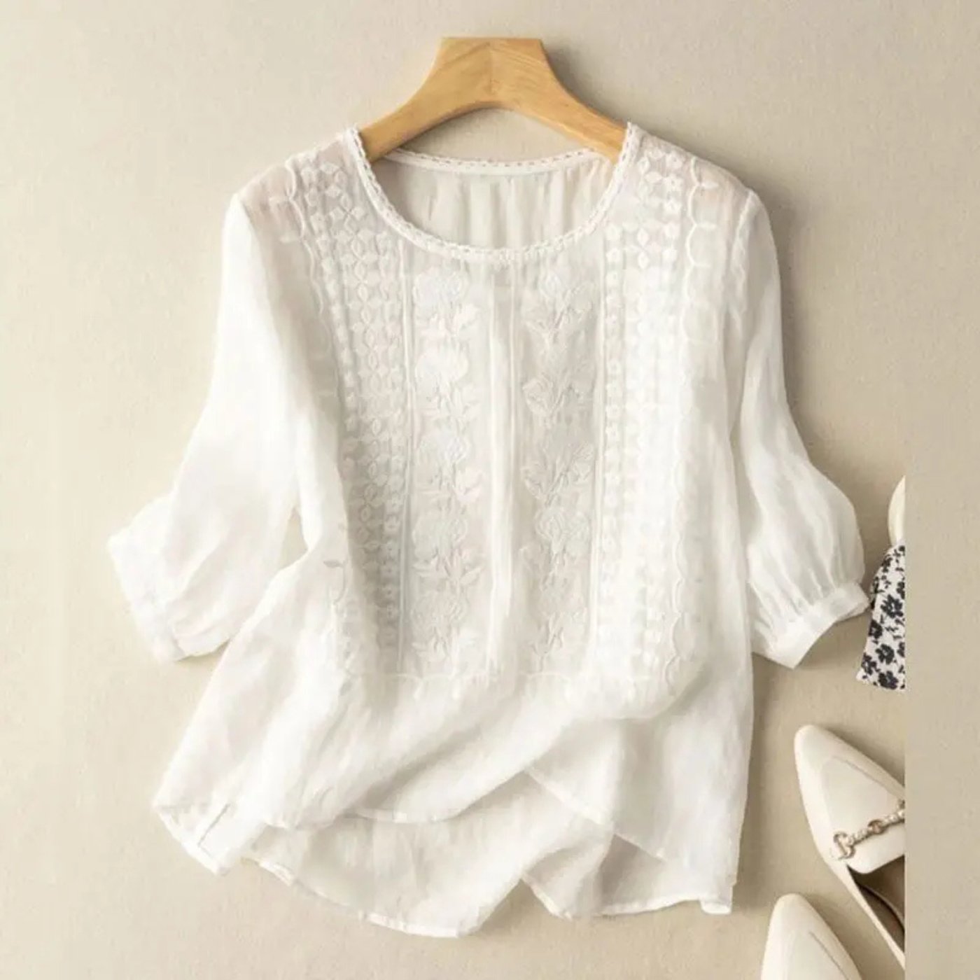 Women's Cotton Embroidered 3/4 Sleeve Blouse Relaxed Fit - White
