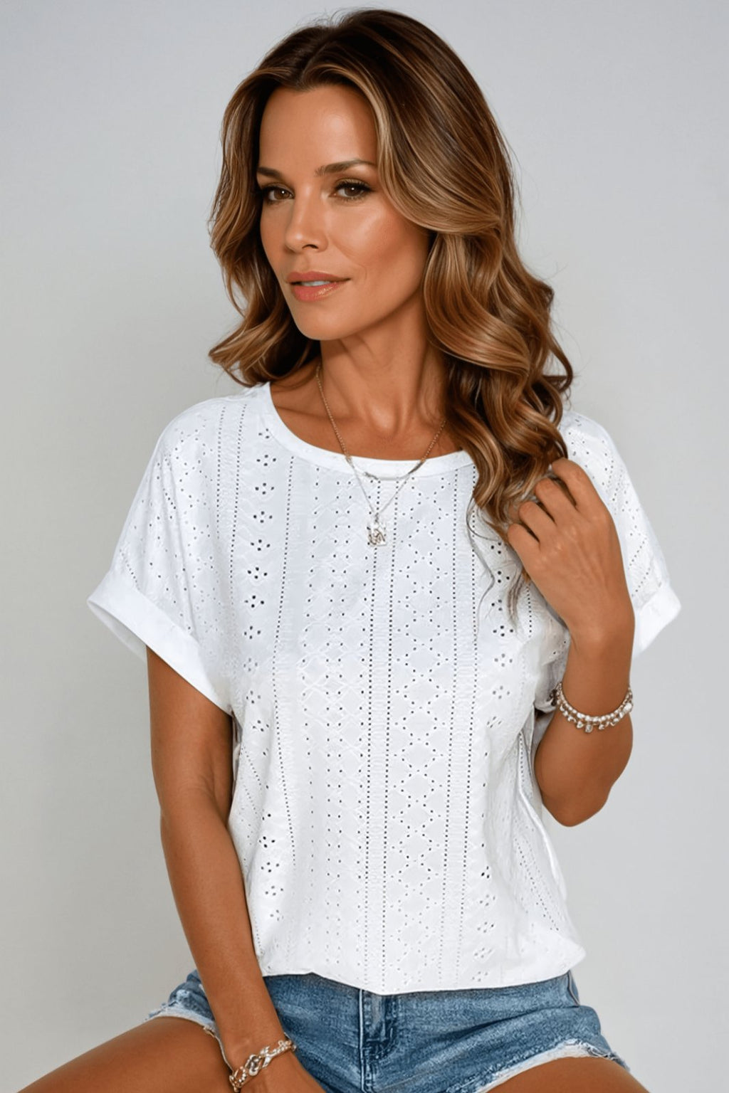Women's Cotton Eyelet Top Short Sleeve Round Neck - White