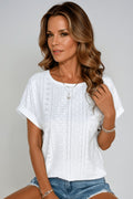 Women's Cotton Eyelet Top Short Sleeve Round Neck - White