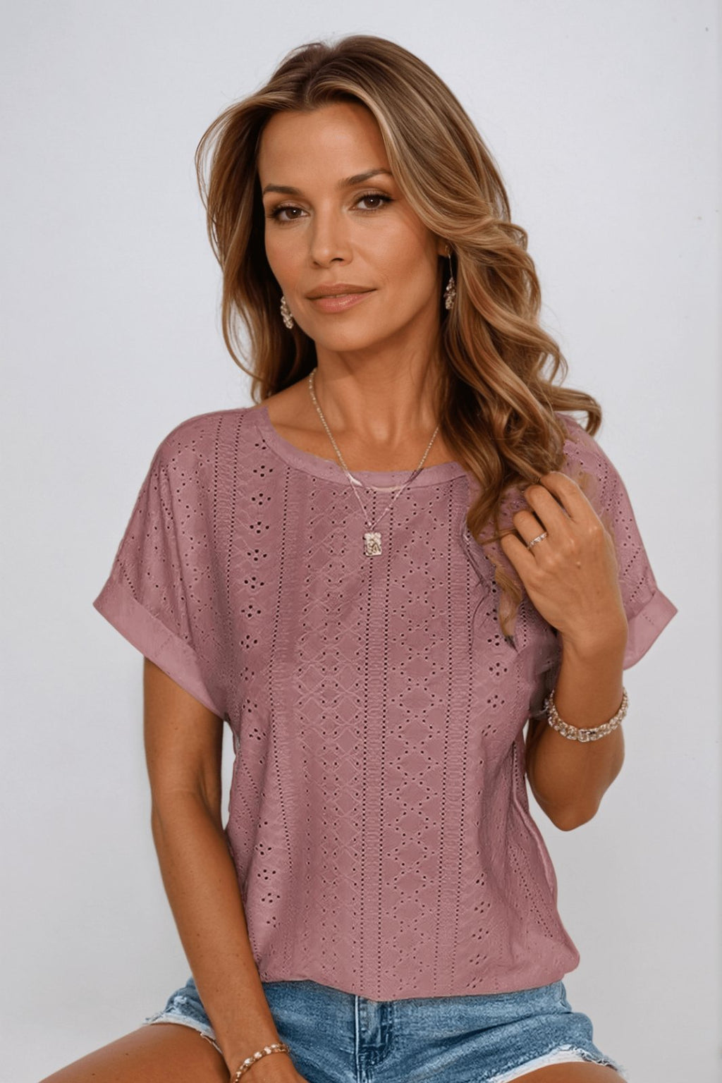 Women's Cotton Eyelet Top Short Sleeve Round Neck - Mauve Pink