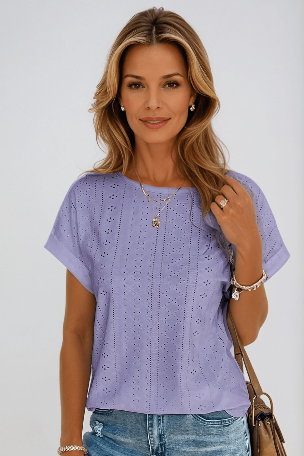 Women's Cotton Eyelet Top Short Sleeve Round Neck - Light Purple