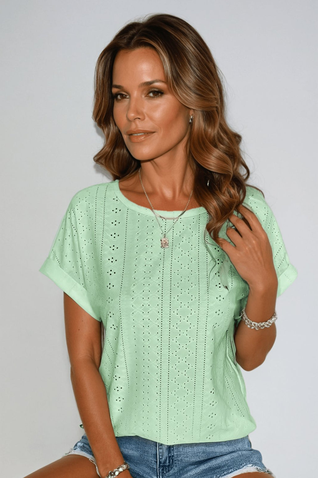 Women's Cotton Eyelet Top Short Sleeve Round Neck - Mint green