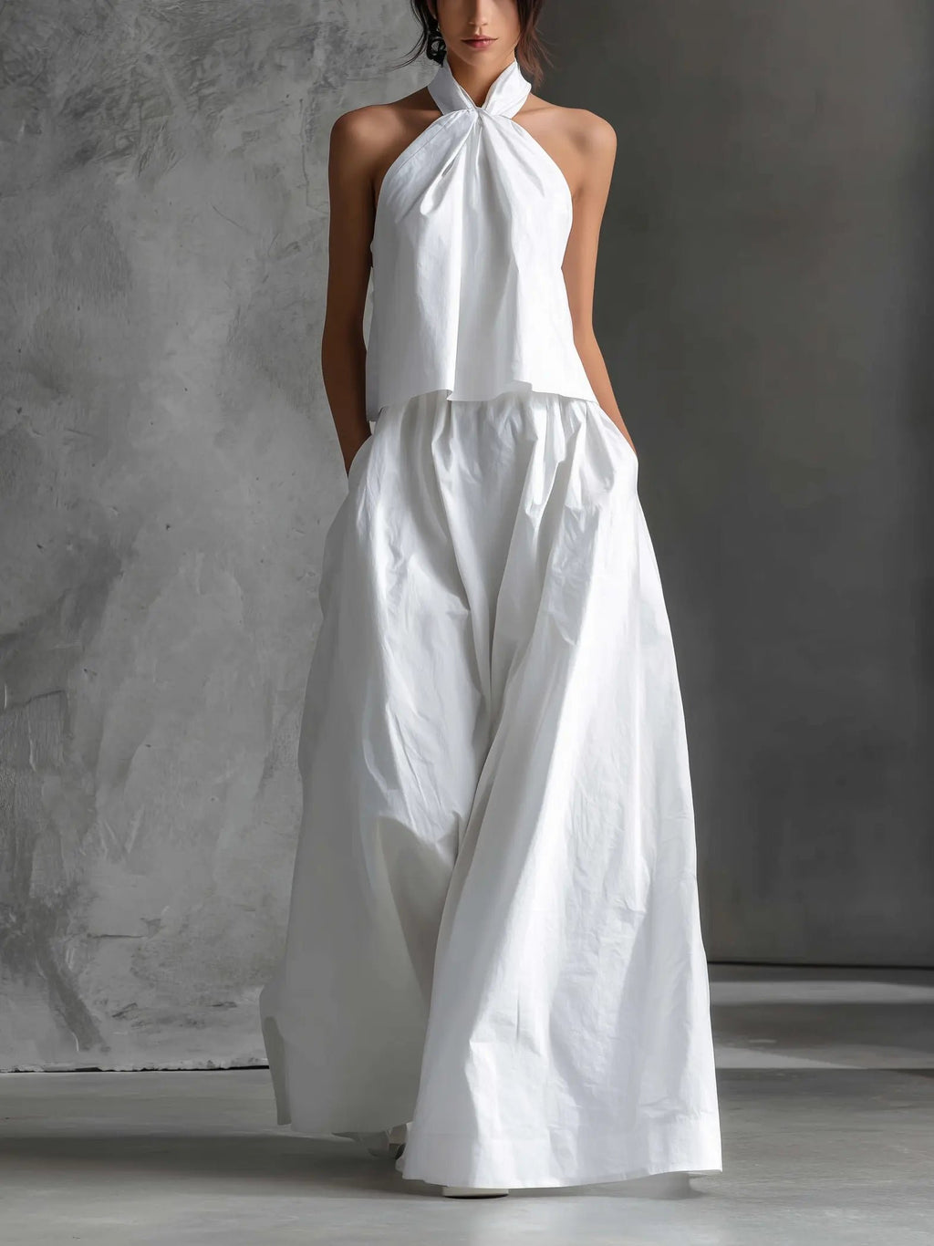 Women's Cotton-Linen Halter Neck Two-Piece Maxi Set - White