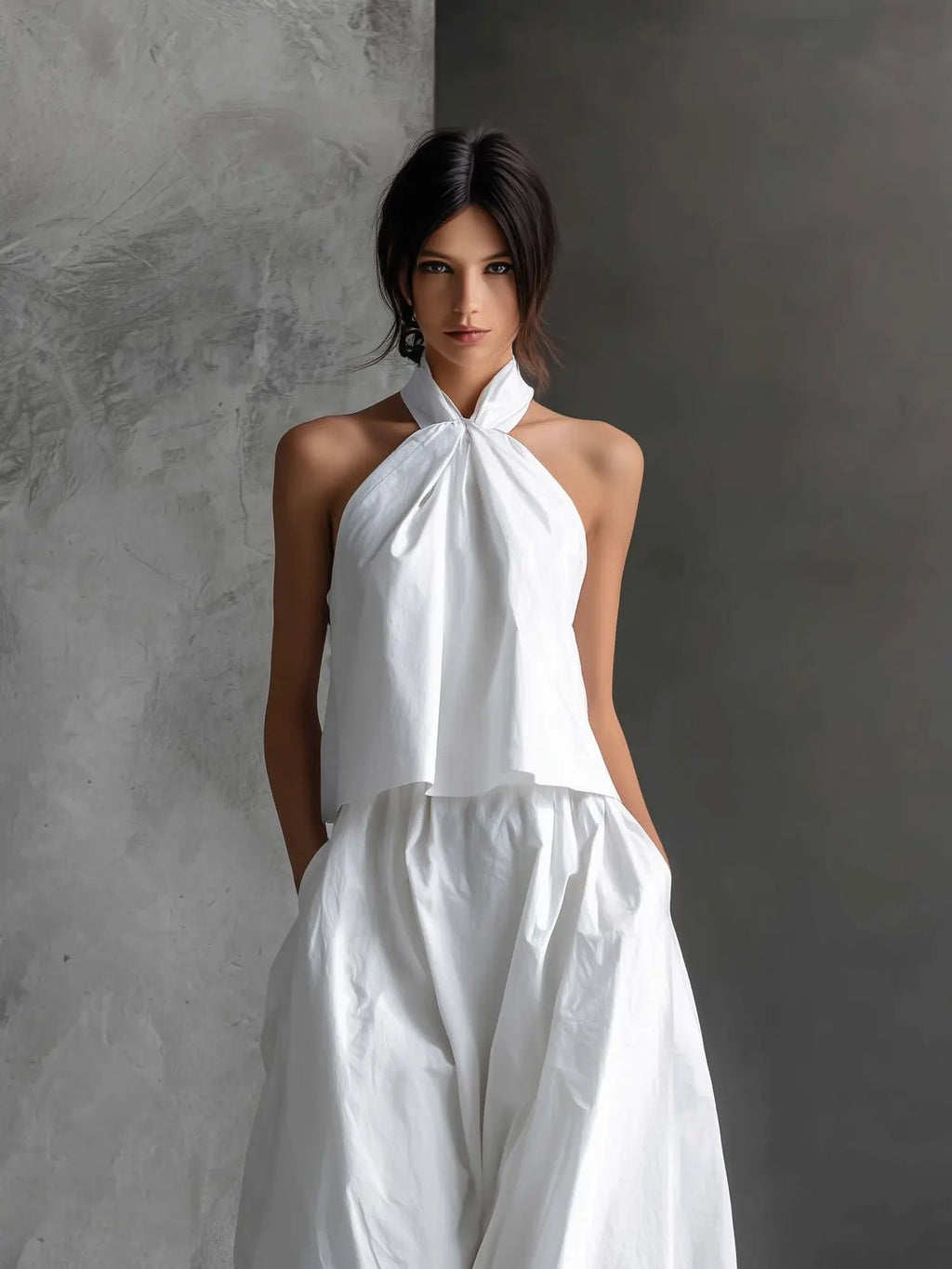 Women's Cotton-Linen Halter Neck Two-Piece Maxi Set