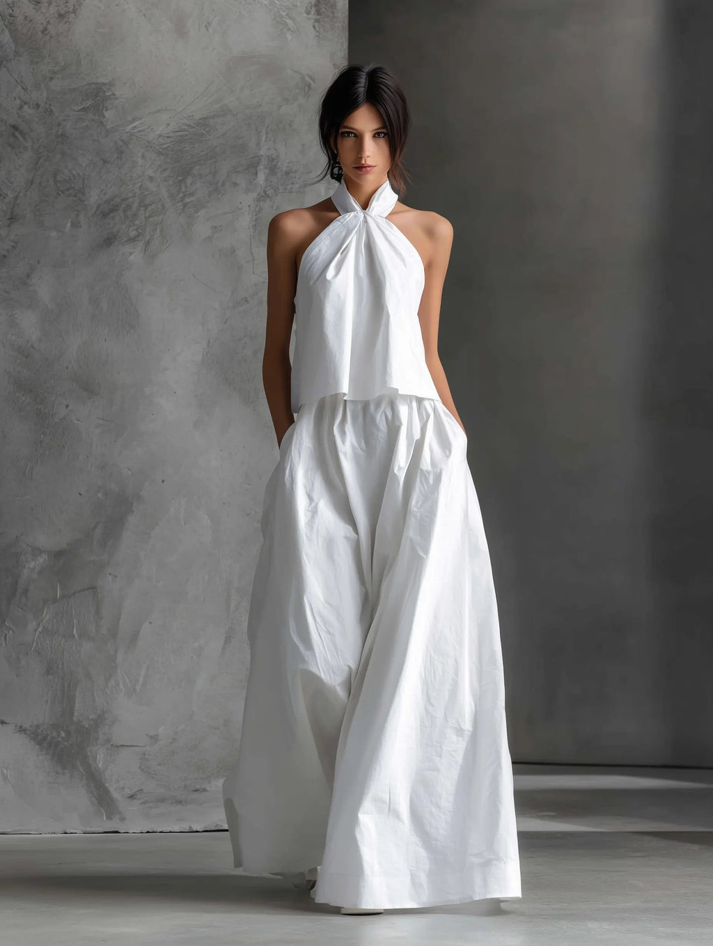Women's Cotton-Linen Halter Neck Two-Piece Maxi Set