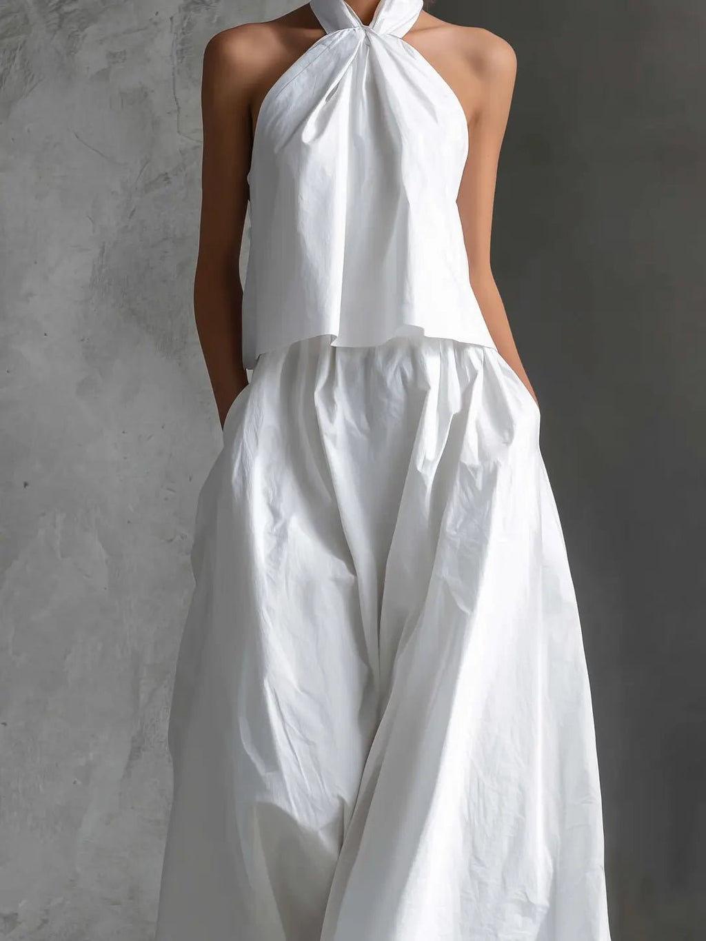 Women's Cotton-Linen Halter Neck Two-Piece Maxi Set
