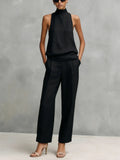 Women's Cotton Linen Sleeveless High-Neck Two-Piece Set - Black