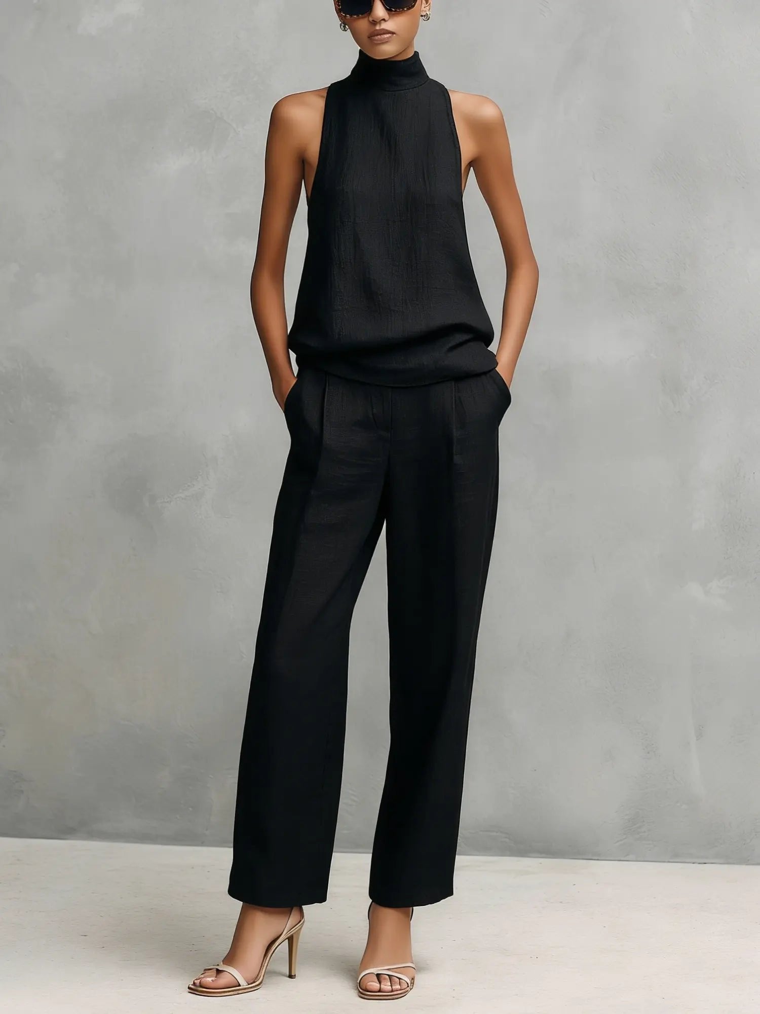 Women's Cotton Linen Sleeveless High-Neck Two-Piece Set - Black