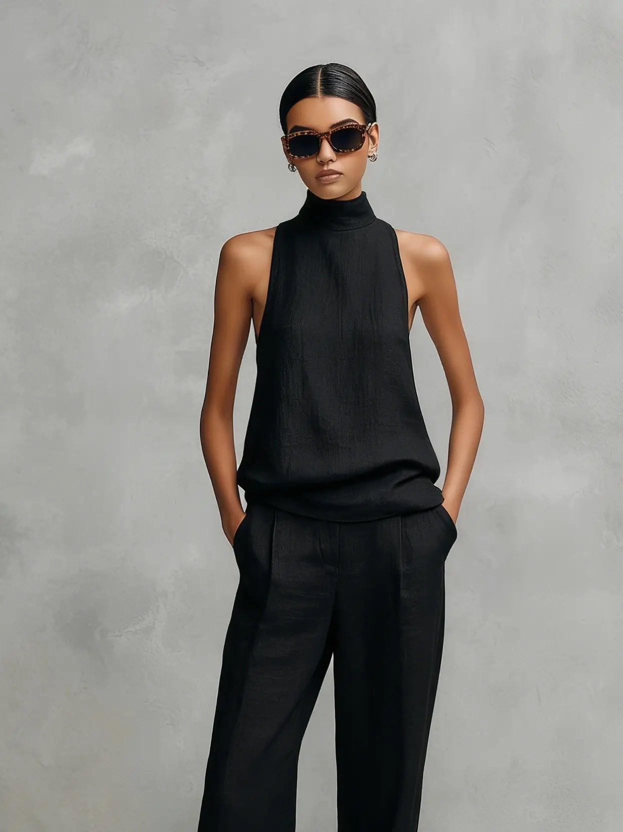 Women's Cotton Linen Sleeveless High-Neck Two-Piece Set