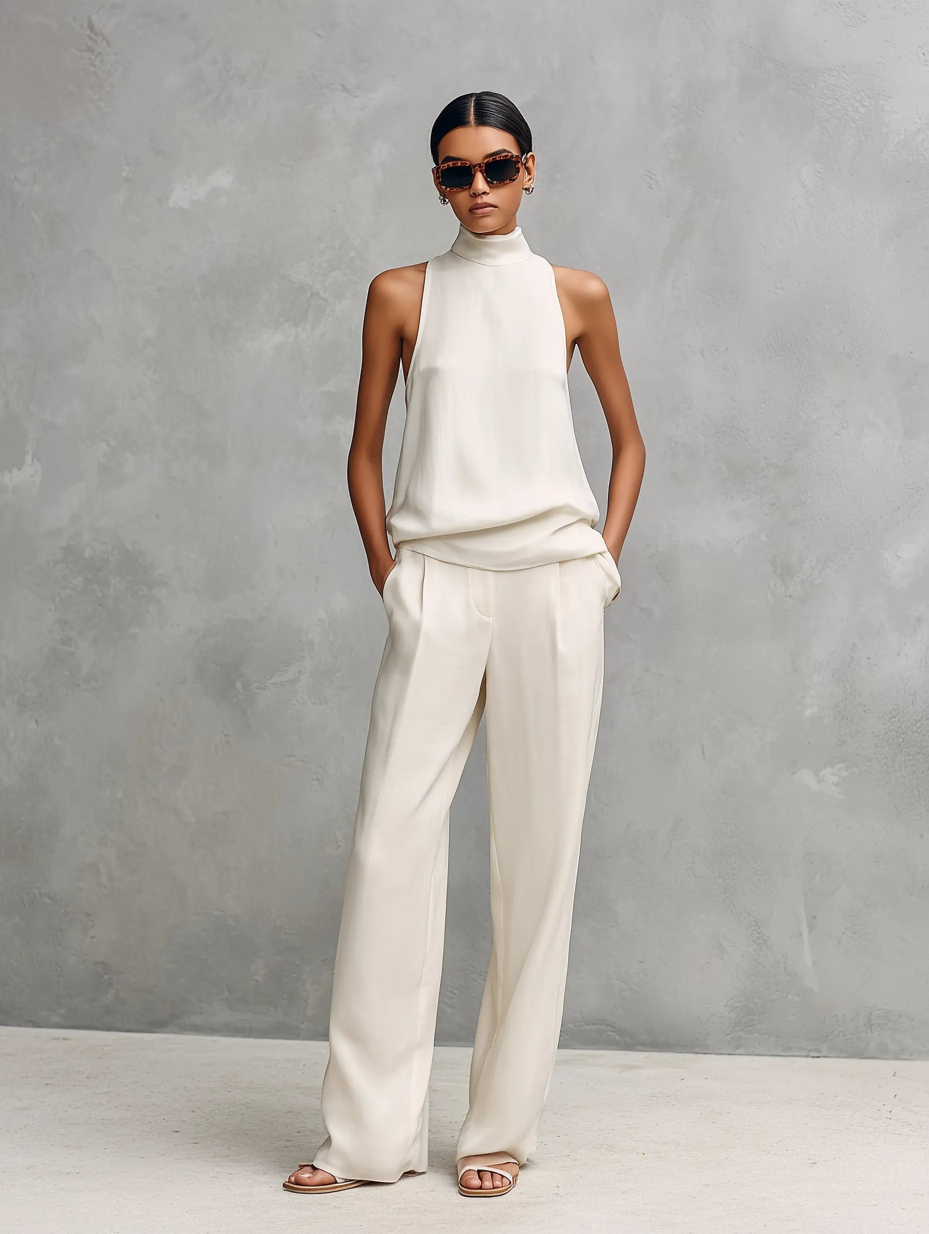 Women's Cotton Linen Sleeveless High-Neck Two-Piece Set - White