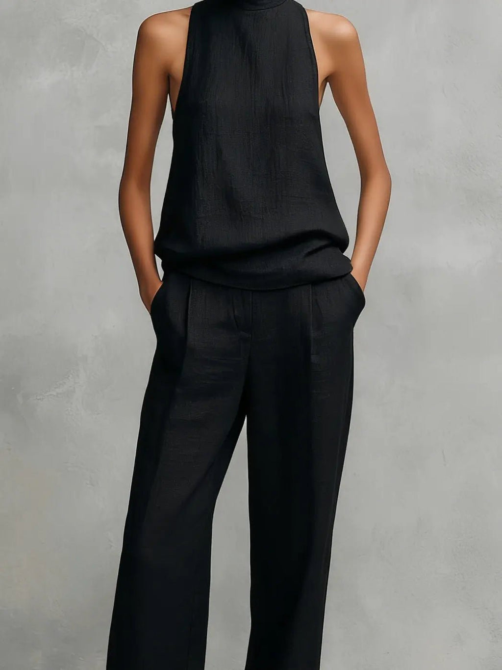 Women's Cotton Linen Sleeveless High-Neck Two-Piece Set