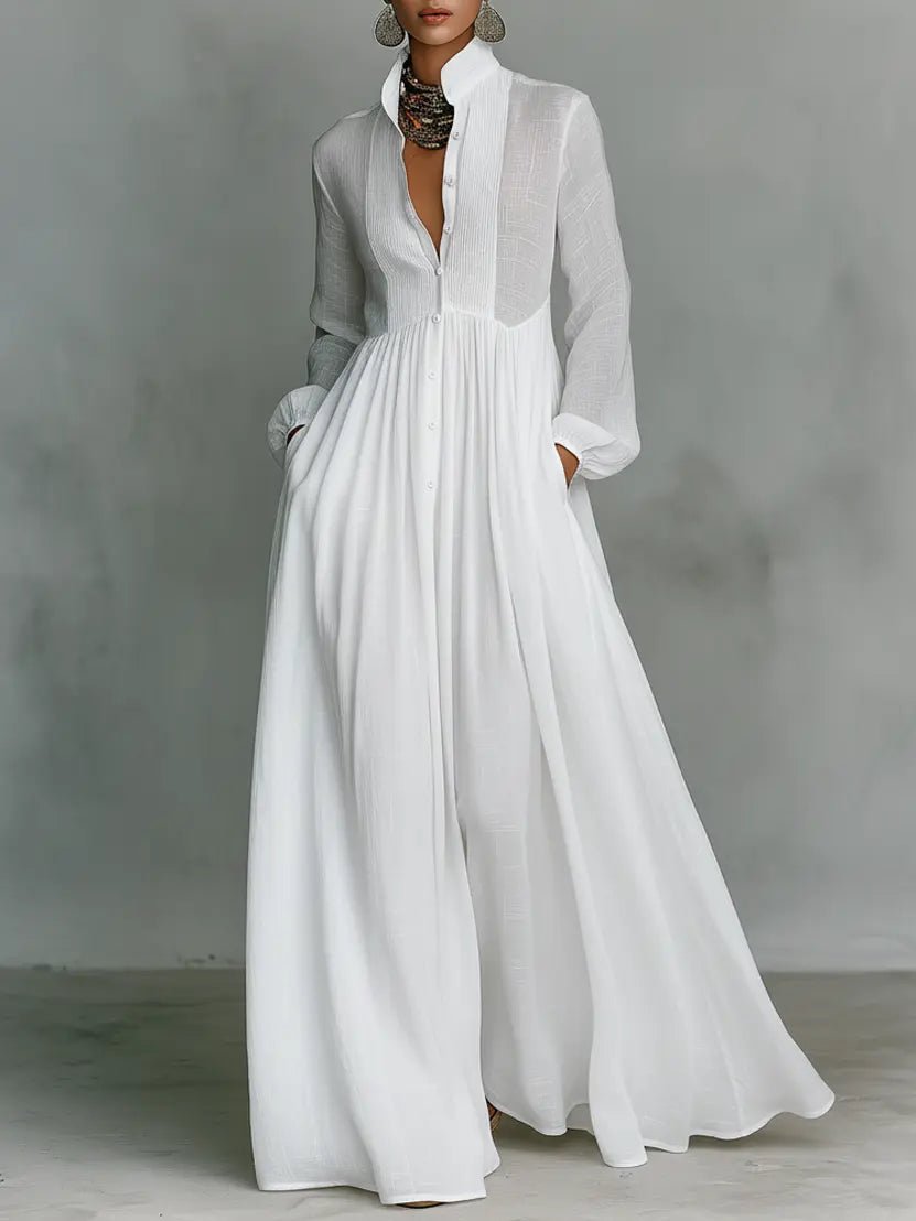 Women's Cotton-Linen Stand-Collar Button-Front Maxi Dress - White