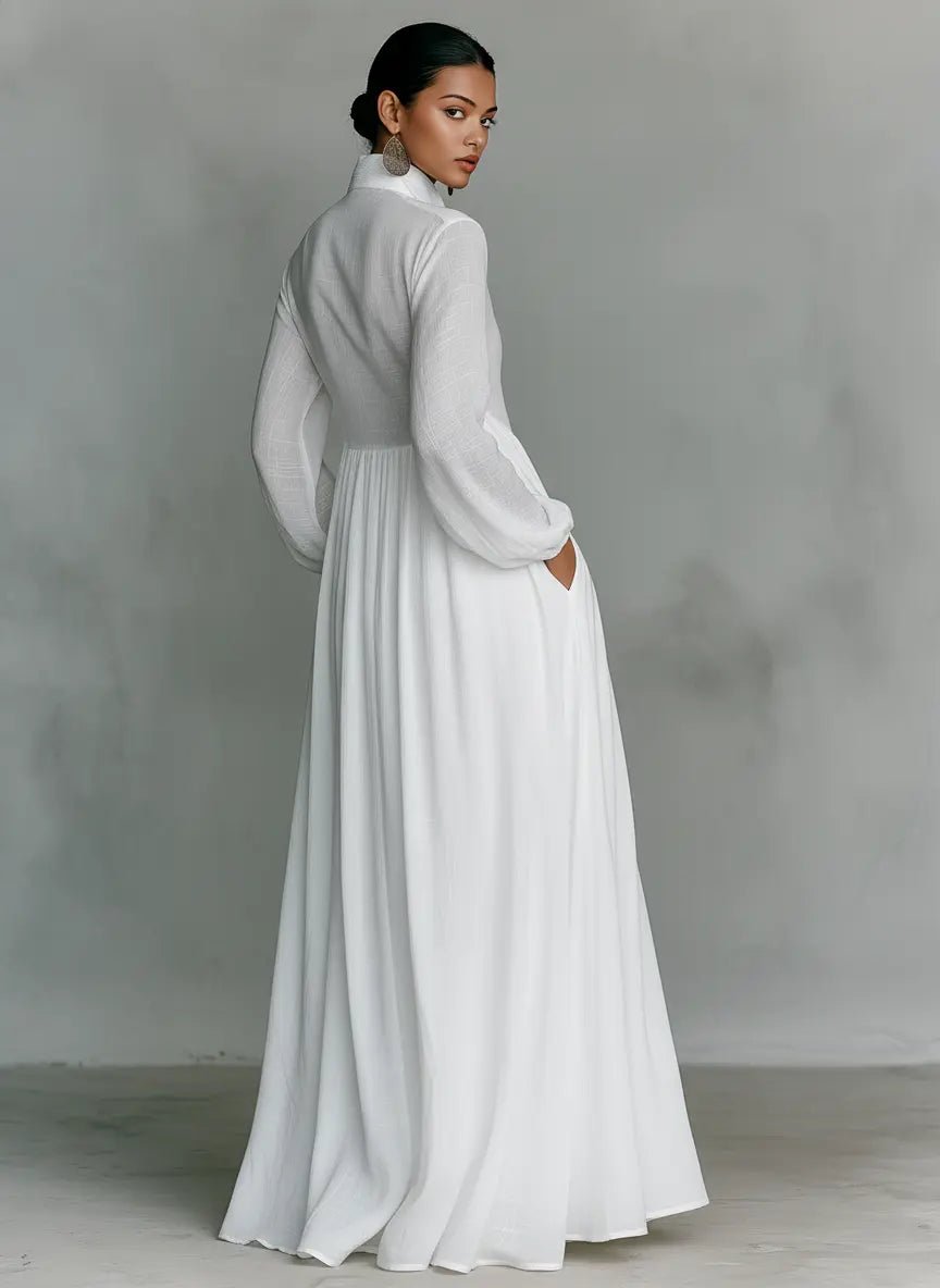 Women's Cotton-Linen Stand-Collar Button-Front Maxi Dress