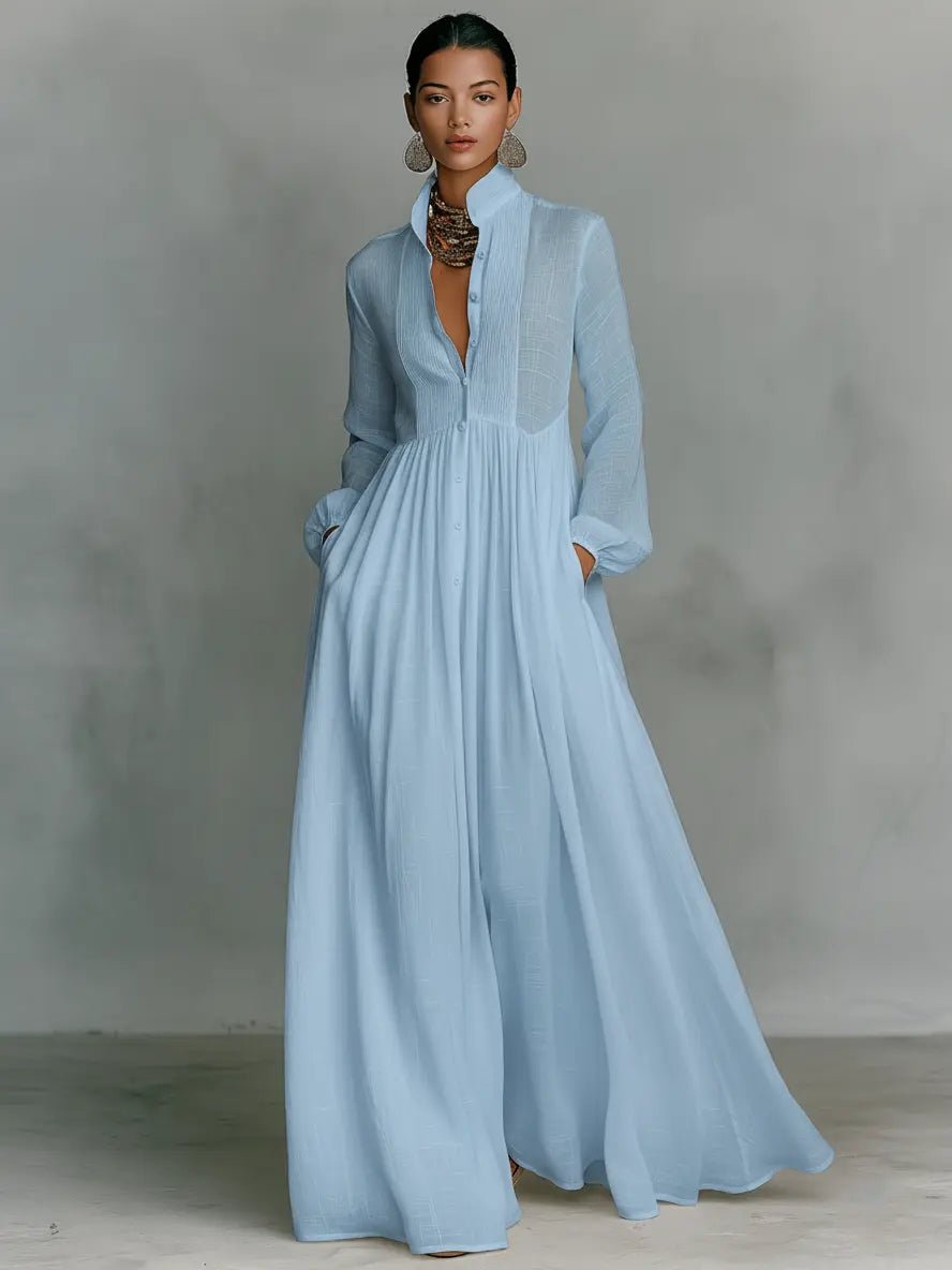 Women's Cotton-Linen Stand-Collar Button-Front Maxi Dress - Blue