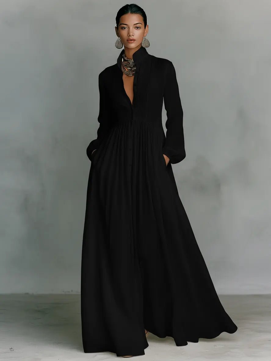 Women's Cotton-Linen Stand-Collar Button-Front Maxi Dress - Black