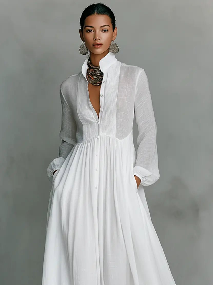 Women's Cotton-Linen Stand-Collar Button-Front Maxi Dress