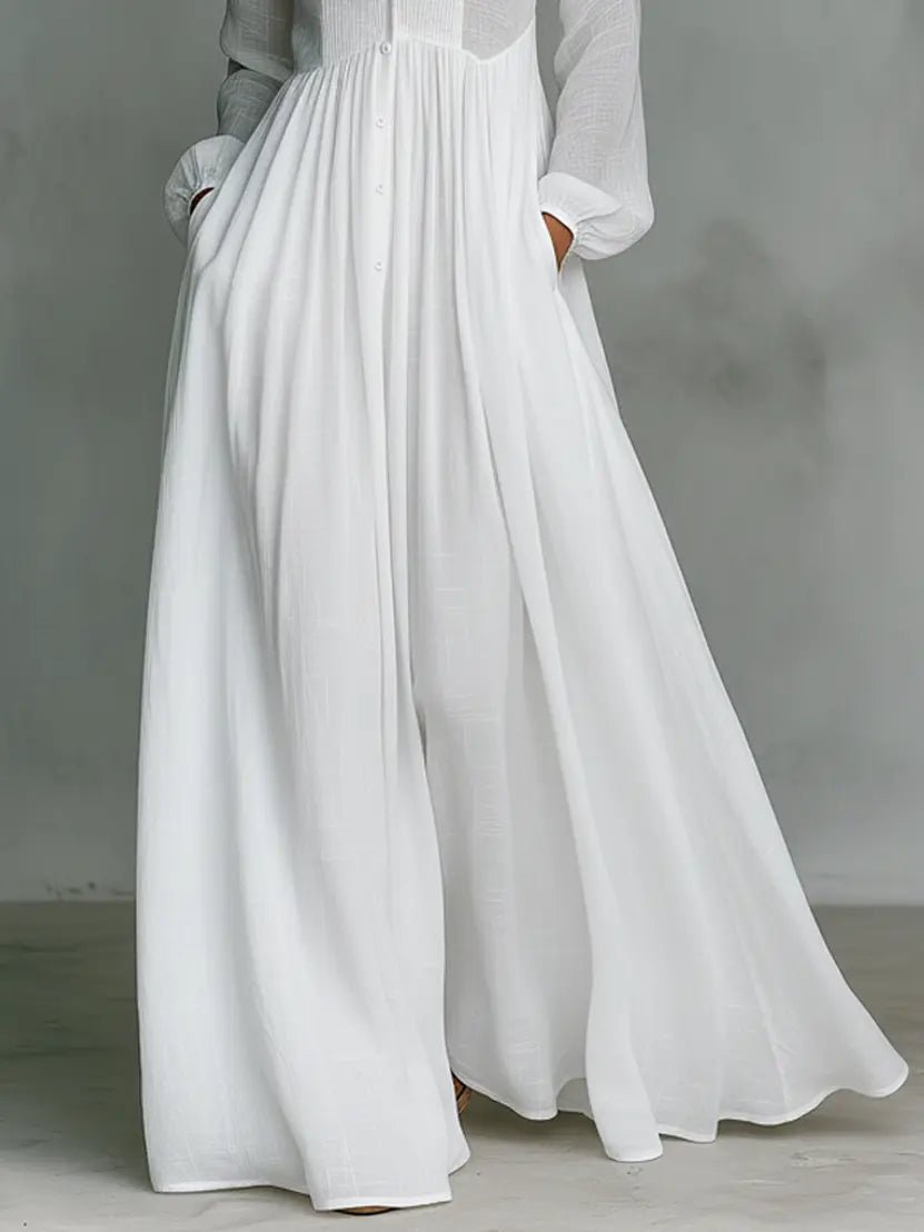 Women's Cotton-Linen Stand-Collar Button-Front Maxi Dress