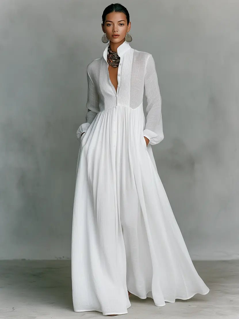 Women's Cotton-Linen Stand-Collar Button-Front Maxi Dress